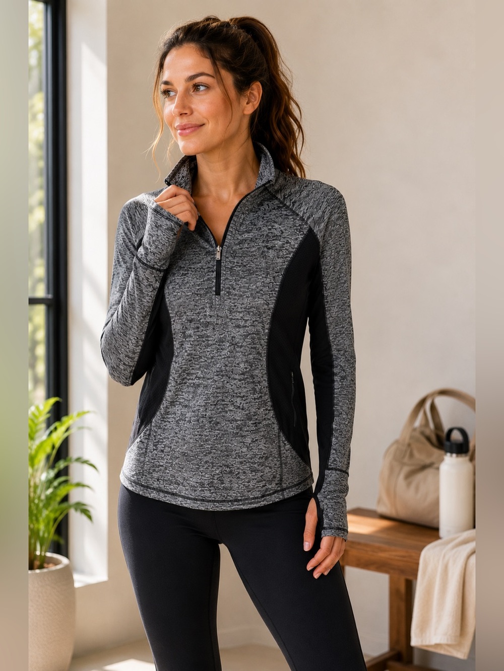 Athleta Running Wild Half Zip Pullover XS Gray Black Thumbhole Performance Top